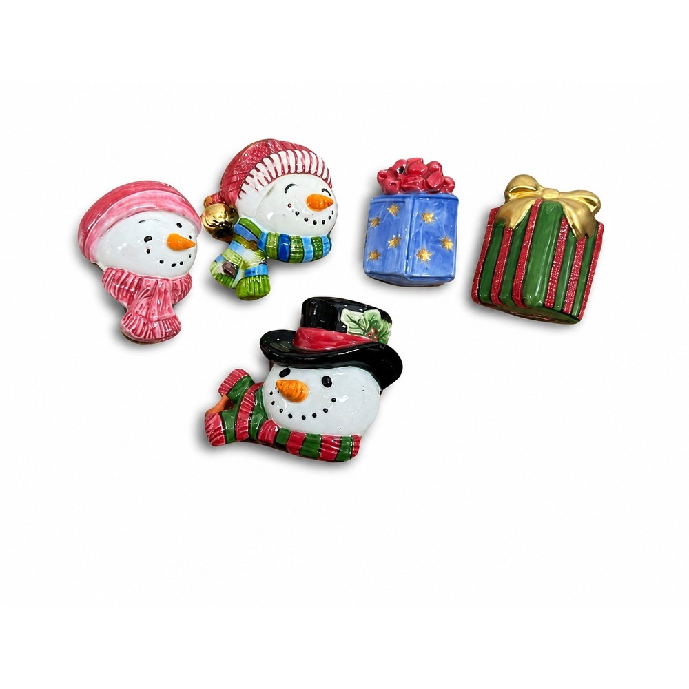 Fitz and Floyd Ceramic Snowman and Present Push Pins Set of‎ 5 Holiday Decor